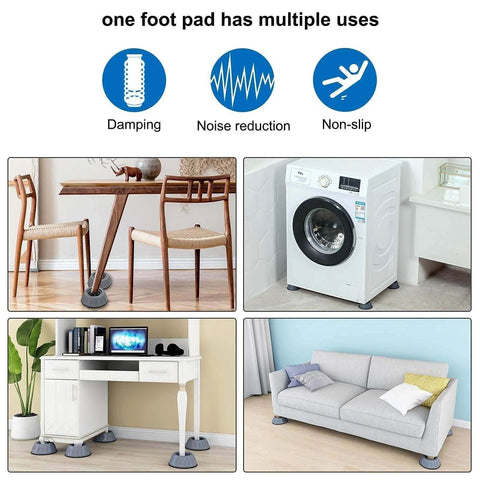 Anti Vibration Pads for Washing Machine and Dryer Set of 4 Universal Support Feet shown under appliances and furniture.