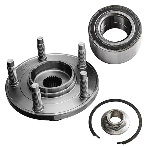 2 Front Wheel Bearing Hub Assemblies Kit For Ford Escape 2001 To 2012 Mazda Tribute 2001 To 2011 Mercury Mariner 2005 To 2011 With 5 Lug Hubs OEM Grade Replacement No Sweat Easy Install Front Wheel Bearings parts shown include hub, bearing, nut, and ring.
