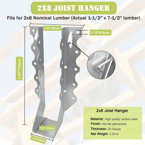 20 Pack 2 By 8 Inch Joist Hanger 18 Gauge Double Shear Face Mount For Wood Floor Deck And Ceiling Joists Galvanized Steel