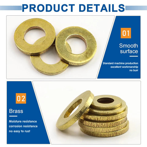 315 Piece Brass Washer Set with Nine Metric Sizes M2 M2.5 M3 M4 M5 M6 M8 M10 M12 flat washers close-up view.