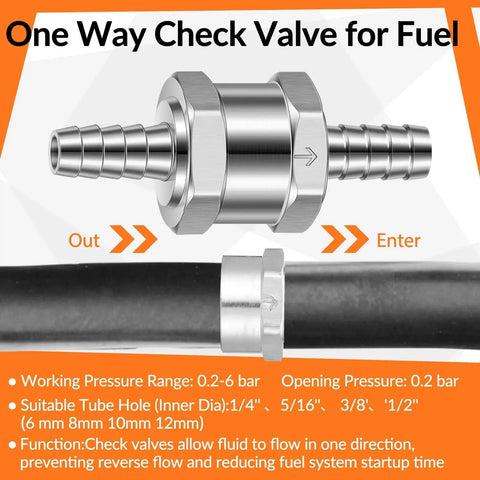 One Way Fuel Check Valve Pack Of Four Inline Valves In 1/4, 5/16, 3/8 And 1/2 Inch for Fuel Line Oil Petrol Diesel Gasoline Water Aluminum Alloy Silver Finish, Non Return Inline Valves For Reliable Flow In Fuel, Oil And Water Systems