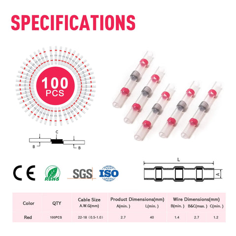 Kuject red solder-seal heat-shrink wire connectors, AWG 22-18, 100 pcs, waterproof butt splices
