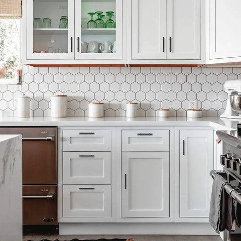 Kitchen with white cabinets featuring 10 Pack Matte Black Cabinet Handles 4 Inch Center To Center, durable and rust resistant.
