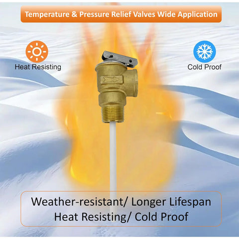 Brass 3/4 NPT temperature and pressure relief valve with lever and extension probe, all-brass body