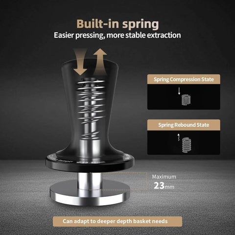 Side view of Dual Spring 58mm Espresso Tamper With Auto Rebound And Auto Leveling, showing built-in spring mechanism.
