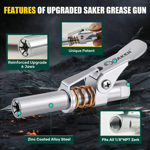 Upgraded 14000 PSI Grease Gun Coupler with locking sealing jaws in zinc coated alloy steel, fits 1/8 NPT fittings.
