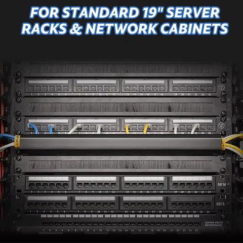 19 inch server rack with installed cable management kit showing horizontal cable raceway and wires organized in slots