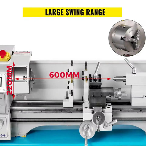 8.7x23.6 Inch Mini Metal Lathe 1100W With Infinitely Variable Speed LED Display Forward And Reverse 0 To 3000 RPM High Gear And 0 To 1500 RPM Low Gear A Real Workhorse For Counter Face Turning And Drilling with large swing range measurement