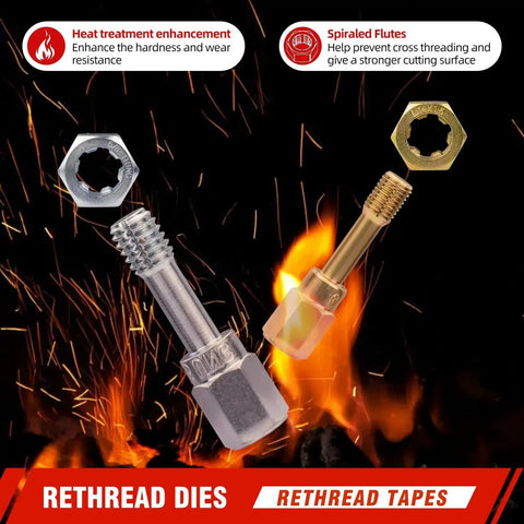 Thread Restorer Kit 61Pcs With UNC UNF Metric Chasers And Pitch Gauge showing rethread dies and tapes with heat treatment and flutes.