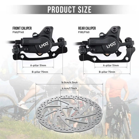 TOBWOLF hydraulic MTB disc brake set size diagram: front caliper F160/F140 and rear caliper F180/F160 with 160 mm rotors