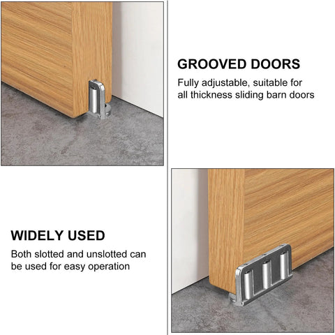 2 Pack Sliding Barn Door Floor Guide With Adjustable Three Roller Design And Wall Mount System, flush bottom view