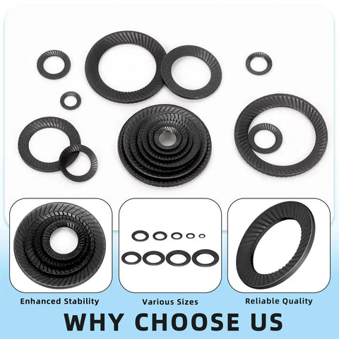 Glarks 160pcs set of M3–M16 conical knurled washers in 65Mn steel; includes Belleville and wedge-locking types