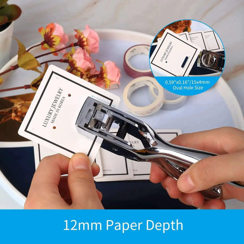 Go-To All Metal Single Hole Puncher With Lever punching cards, shows oval hole 0.59x0.16 inch, ideal for office, school, home, and craft projects