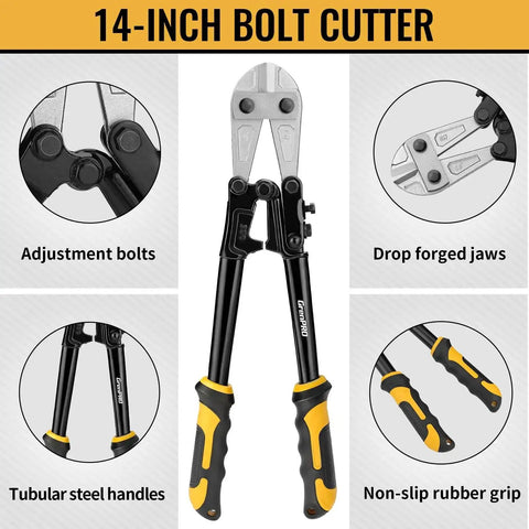 Three Piece Bolt Cutter Set With 14 Inch Heavy Duty Bolt Cutter, 8 Inch Mini Bolt Cutter, And 8 Inch Cable Cutter In Carrying Bag