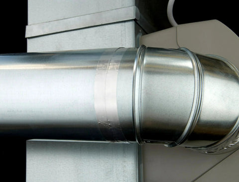 3M high-temperature flue tape on metal duct joint, aluminum foil tape, 600°F rating