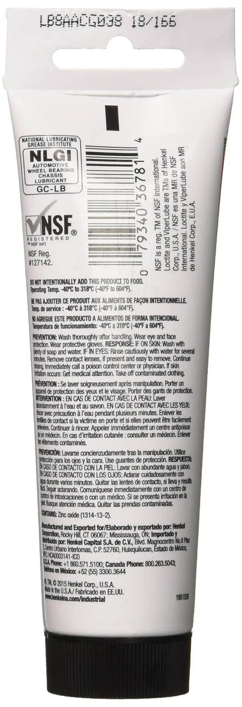 Back view of ViperLube High Performance Synthetic Grease Tube NLGI Grade 2 Severe Duty Lubricant for bearings and battery terminals.