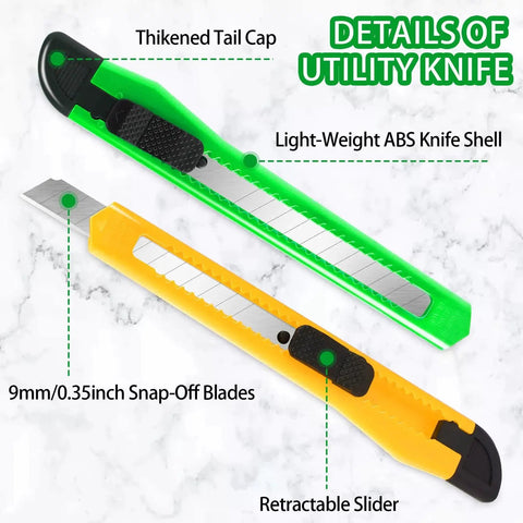 4 Pack 9mm Snap Off Box Cutter Retractable Utility Knife For Office And Home showing green and yellow cutter with ABS shell