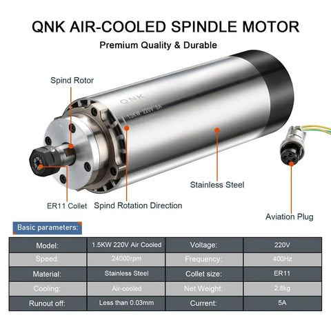 Image of CNC Spindle Motor Kit One Point Five Kilowatt 220V Air Cooled Spindle With VFD Inverter 400Hz 24000RPM ER11 Collet Set for milling.