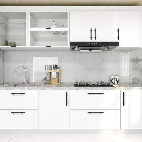 Kitchen cabinets with Matte Black Cabinet Pulls 30 Pack Stainless Steel 3 Inch Center To Center Drawer Handles installed for durability.