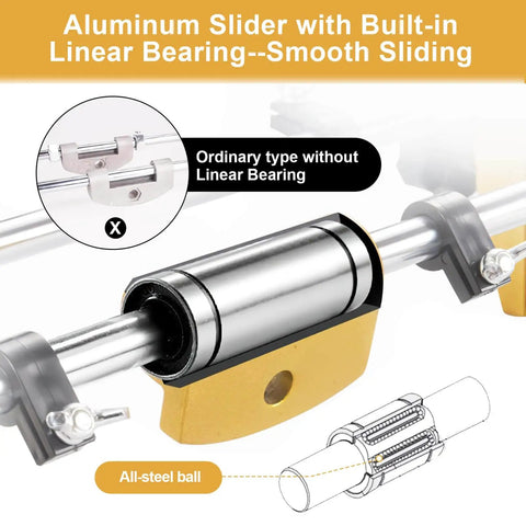 Close-up of aluminum slider with built-in linear bearing for smooth sliding, part of DIY Friendly Door Lock Hole Opener Kit For Wooden Doors Pro Grade Mortiser Jig With 3 Drill Bits Easy Install For New Holes Eccentric Holes Password And Fingerprint Locks Adjustable Slide Rails For Precise Mortising.
