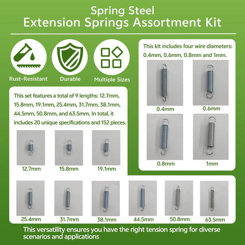 Spring steel extension springs assortment kit, zinc-plated, 152 pieces in 20 sizes; diameters 0.4–1.0 mm.
