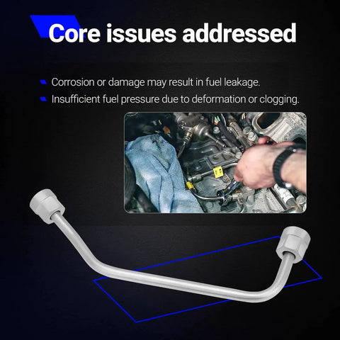 Intermediate Fuel Feed Pipe High Pressure Fuel Line From Pump To Rail For 2014 To 2021 Silverado 1500 Suburban Tahoe Express Camaro GMC Sierra Yukon Savana Heavy Duty Replacement Part Plug And Play shown with repair scenario background