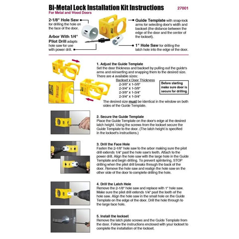 Bi-Metal Lock Installation Kit With Adjustable Guide Template for steel and wood doors, showing step-by-step installation instructions.