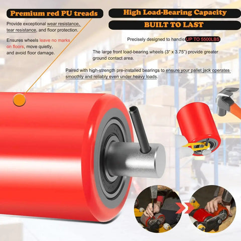 Close-up of red pallet jack wheel showing Complete Pallet Jack Wheel Replacement Kit With Dual 7x2 Steering Wheels and Pre-Installed Bearings