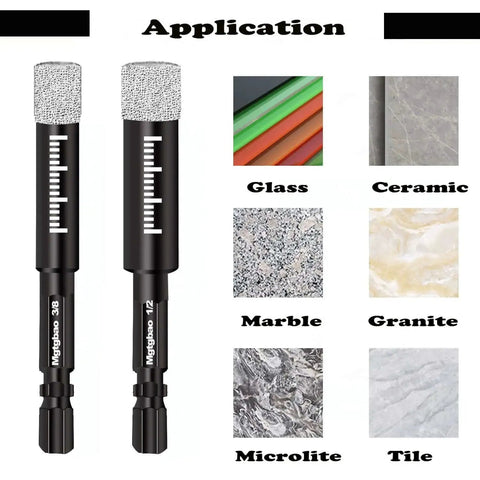 Two drill bits next to samples of glass, ceramic, marble, granite, microlite, and tile for Six Piece Five Eighths Inch Dry Diamond Drill Bit Set With 16mm Hex Shank Brazed Wax Lubricated For Porcelain Tile Ceramic Concrete Granite Marble And Other Hard Materials Not For Wood.