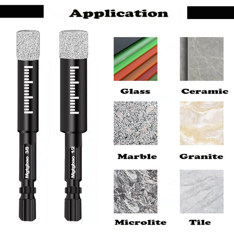 Dry Diamond Drill Bits Set Mgtgbao 10 Piece With Hex Shank Core Bits on display with compatible materials like glass and ceramic.