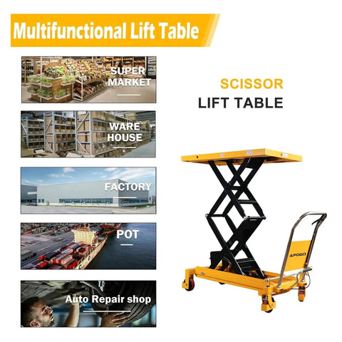 Apollo lift table cart, manual hydraulic scissor lift with yellow platform and black arms.