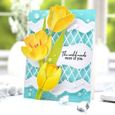 Greeting card with yellow flowers and lace-like design, showcasing Dope Flower Die Cut Set For Card Making And Scrapbooking Metal Cutting Dies