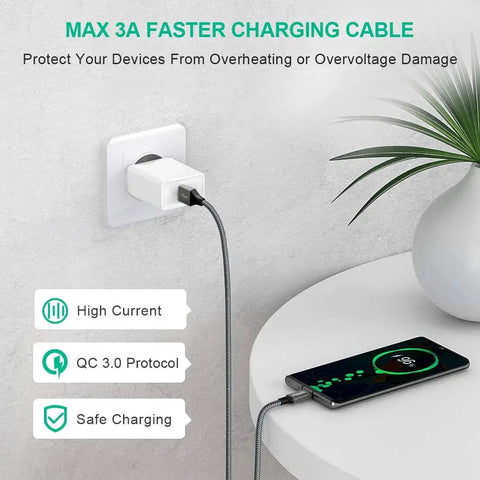 USB A to USB C Cable 3ft 2 Pack Fast Charging and Data Sync for Galaxy iPhone connected to smartphone on table