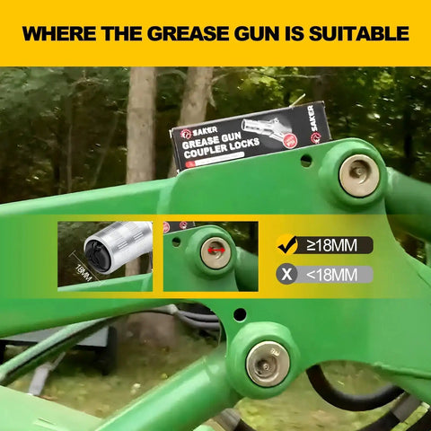 Heavy Duty Quick Release Grease Gun Coupler Set Upgraded To 14000 PSI, Locking Jaw demonstration on green machinery