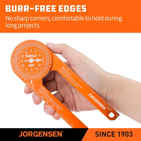 Hand holding 7 Inch Aluminum Miter Saw Protractor with Laser Etched Scales for accurate miter cuts in crown molding.
