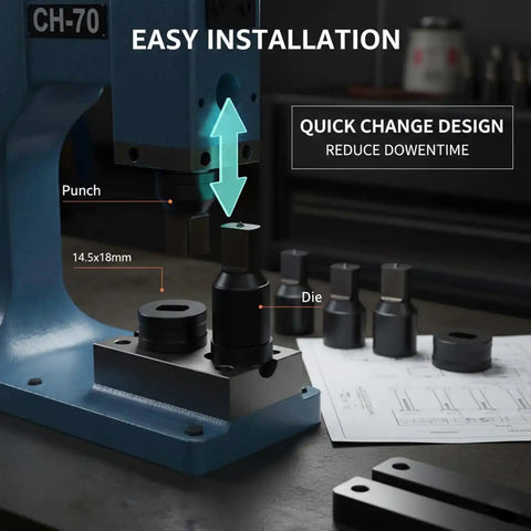 8-Piece Oval Hydraulic Hole Punch Die Set Compatible With CH-70 Punching Machine showing installation and quick change design
