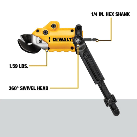 Beefy Heavy Duty Metal Shear Drill Attachment With 360 Degree Pivoting Head For Cutting 18 Gauge Metal And More Like Sheet Metal Duct Shingles Vinyl Siding Cardboard And Rubber Using Your 18V To 20V Drill Impact Ready One Quarter Inch Hex Shank DeWalt