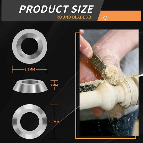 Image of Premium Carbide Lathe Tool Inserts Set For Wood Turning, showing 8.9mm round insert with wood turning in progress.