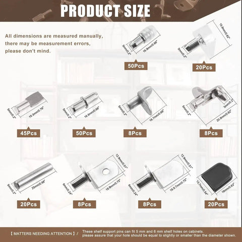 Diagram of 237 Piece Shelf Pins Kit with Nickel Plated Metal Pins, Black Rubber Sleeves, and 9 Bracket Peg Styles for Cabinets and Bookshelves.