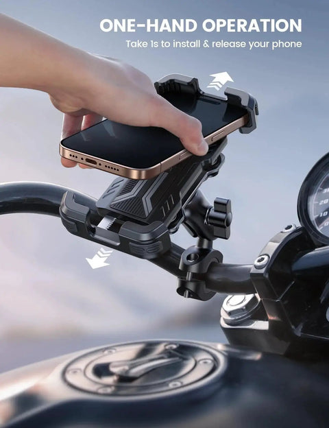 Rugged Motorcycle Phone Mount With Dual Vibration Dampener And Metal Adjustment Arm installed on handlebar holding smartphone
