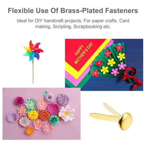 Craft projects with 300 Pieces Three Quarters Inch Paper Fasteners Small Round Metal Brads With Hole Punch Included For Scrapbooking Crafts And DIY Gold Tone Rustproof Brass Plated Finish For Smooth Use And Great Looking Projects.