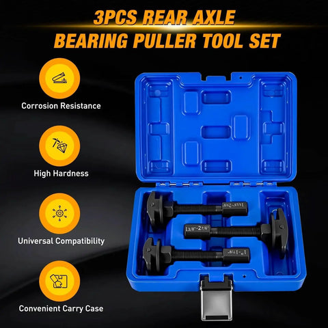 Rear Axle Bearing Puller Set With Three Sizes in blue case, includes markings, corrosion resistance, and universal compatibility.