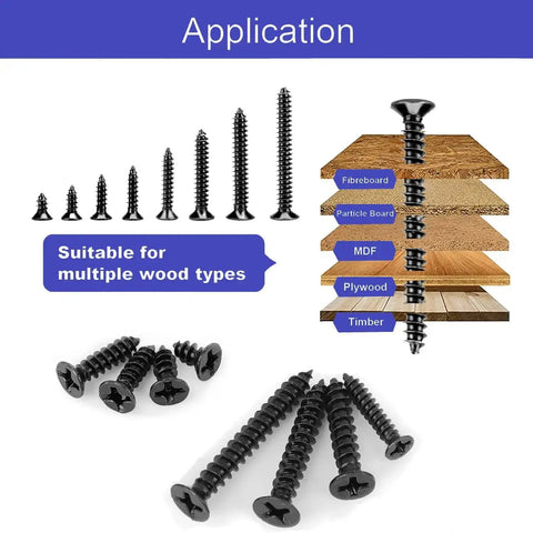 DIY Wood Screws Assortment Kit With 480 Pieces M3 And M4 Black Self Tapping Fasteners showing application on various wood types.