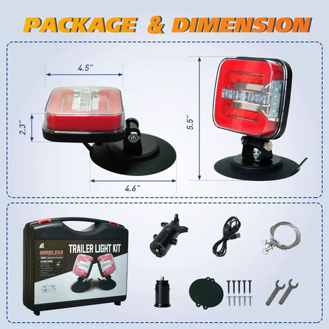 PARTSIBY wireless trailer light kit shown in side and front views with magnetic base.