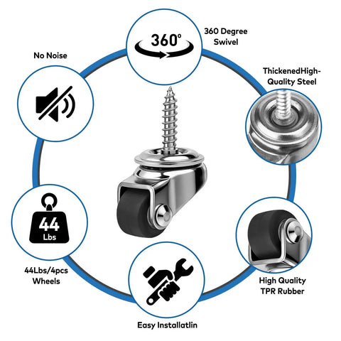 Diagram of 4 Pack Mini Stem Caster Wheels With One Half Inch M4 Screw Stem Swivel Casters, highlighting features and materials.