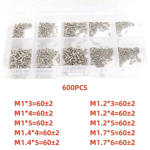 600 Piece M1 To M1.7 Miniature Self Tapping Screws Set Crosshead Carbon Steel Kit in transparent box