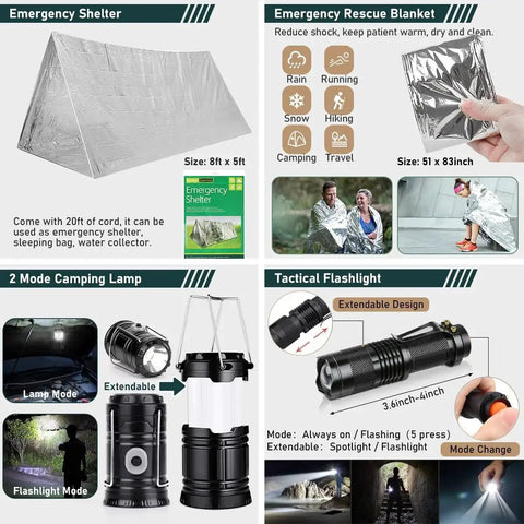Emergency shelter setup, rescue blanket use, extendable camping lamp, and tactical flashlight features from 262 Piece Survival Kit.