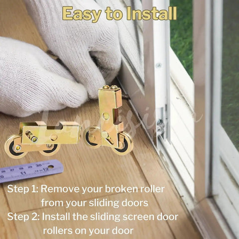 Two Pieces Sliding Door Tandem Roller Assembly Heavy Duty One And One Quarter Inch Replacement For Sliding Glass Doors And Screens 120 Kg 265 Lbs Load Capacity Per Pair Corrosion Resistant Alloy Steel Construction being installed on a sliding door track.