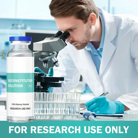 Reconstitution solution glass vial, 30 mL with blue cap, in a laboratory scene with a researcher using a microscope