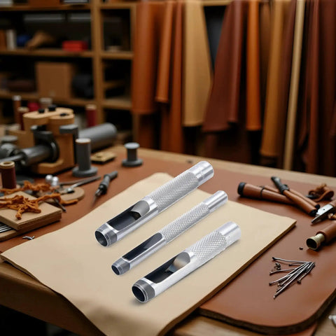 Pro Grade 3 Piece Leather Hole Punch Set With Steel Hollow Punches for grommets in workshop